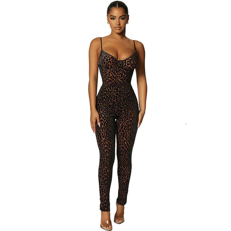 2021 Summer New Women's Sexy Low cut Sling Strap Flocking Tight Wrap Hip jumpsuit for Women