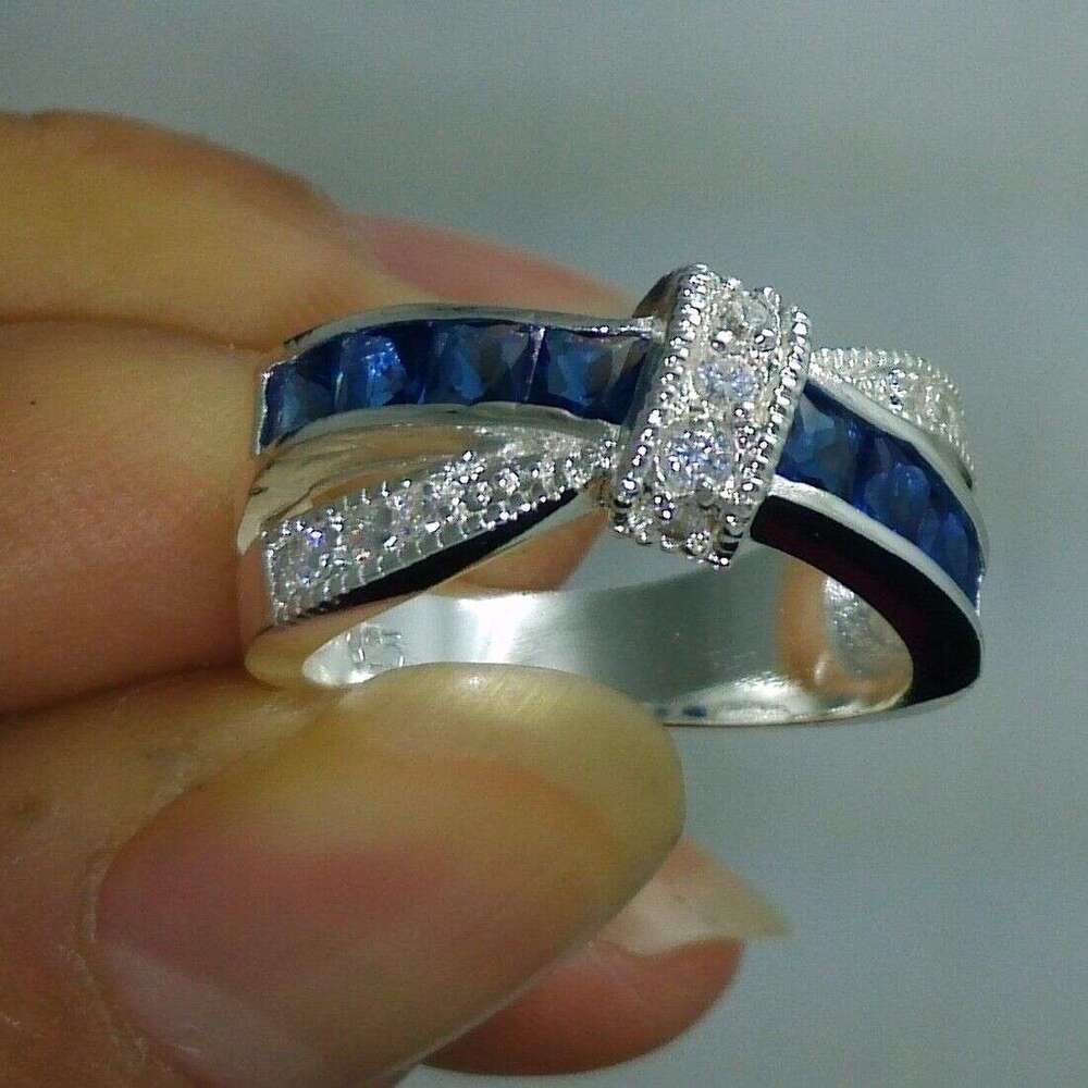 NEW 100% Brand free shipping Fine Jewelry sterg sier blue sapphire Gem Women wedding Belt buckle Ring size6/7/8/9