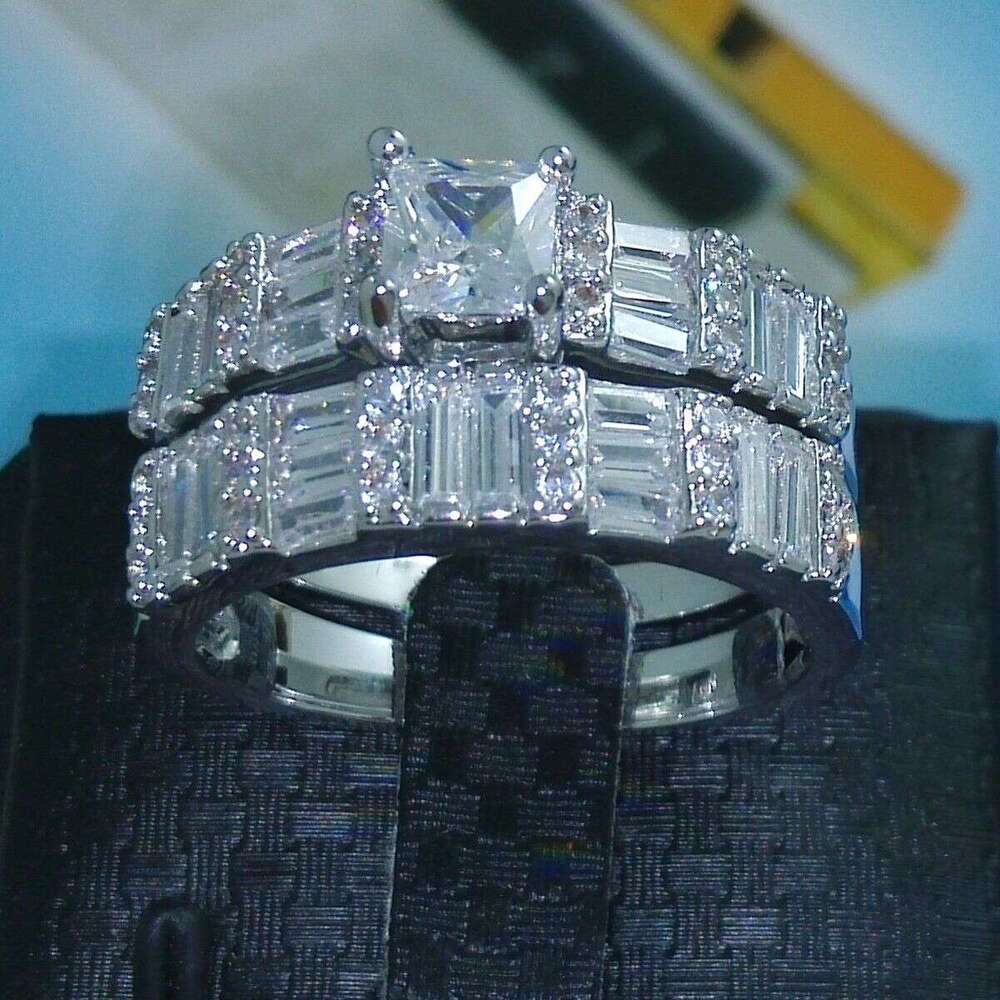 Victoria Wieck Brand Desgin Fashion Jewelry 10KT White Gold Filled Princess Topaz CZ Dia Gemstone Women Wedding Bridal Couple Ring Set
