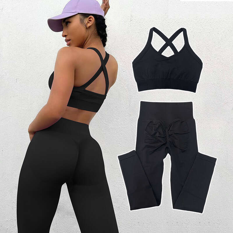 European American new seamless knitted suit for women's sports fiess, high waist and hip lifting yoga pants set