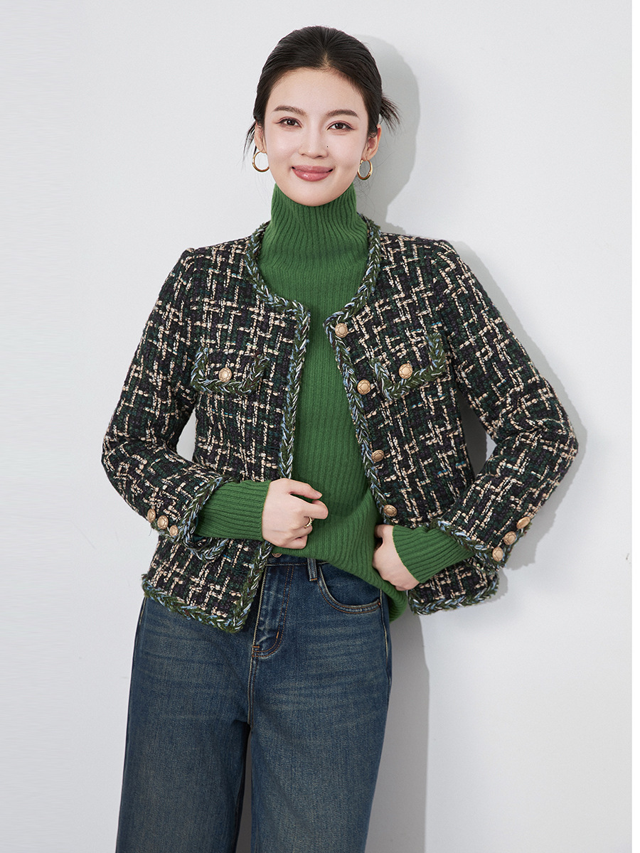 ZJYT Elegant Ladies Plaid Tweed Woolen Jacket For Women Ropa De Mujer 2024 Winter Coat Single Breasted Outerwear Veste Femme