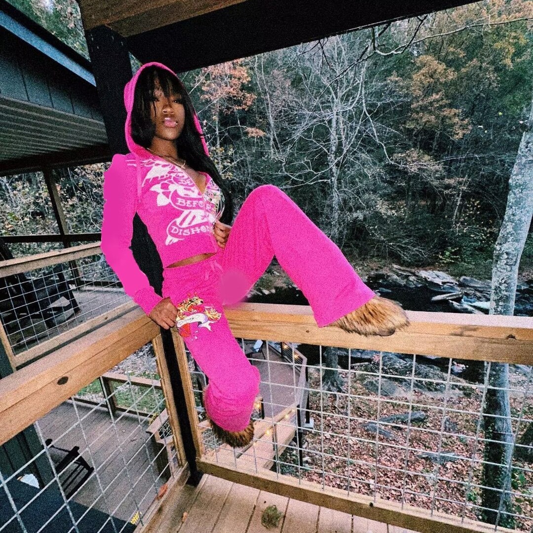 Trendy Street Printed Basic Zipper Short Cardigan High Waist Straight Leg Pants Two Piece Set clothing ladies