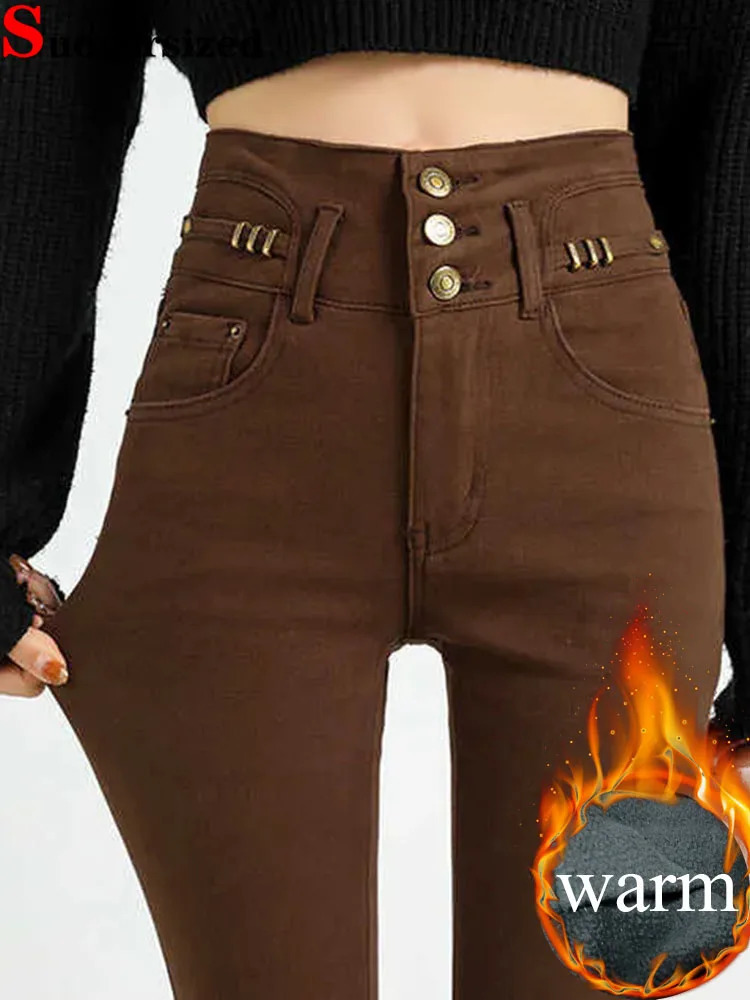 Fashion n Thick and Thin Pencil Jeans Womens Stretch High Waist Velvet Lined Denim Pants Winter Warm Ankle Length Vaqueros 241122