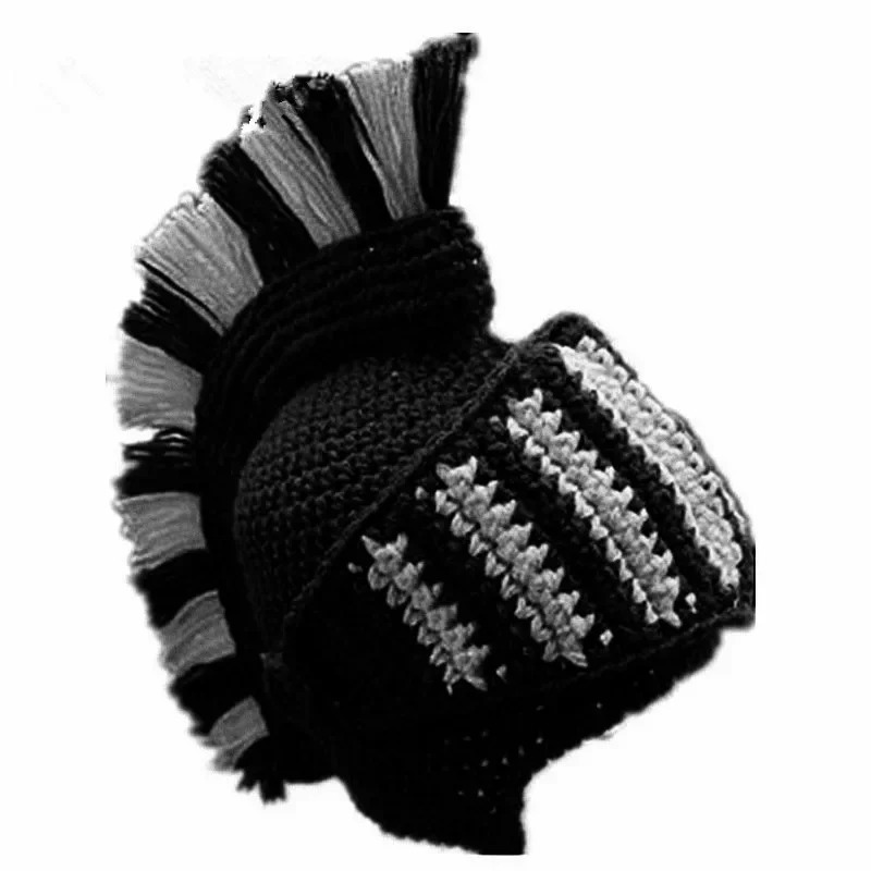 Men Women Funny y Knitted Roman Knight Helmet Hat Contrast Color Tassel Barbarian Crochet Earflap Beanie Skull Cap 241125