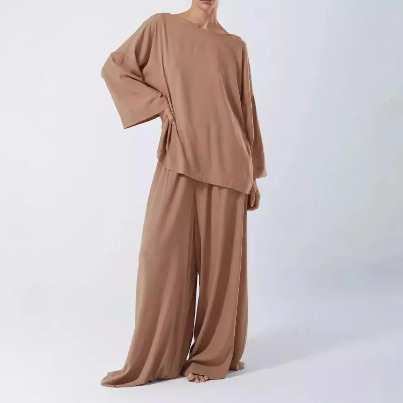 French Loose Women Two Peice Sets O-Neck Long Sleeve Tops + High Wasit Wide Leg Pants White Color Casual Fashion Outfits Suits