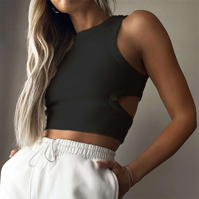 New summer women's sports short cut with exposed navel and hollowed out sleeveless top, herringbone vest