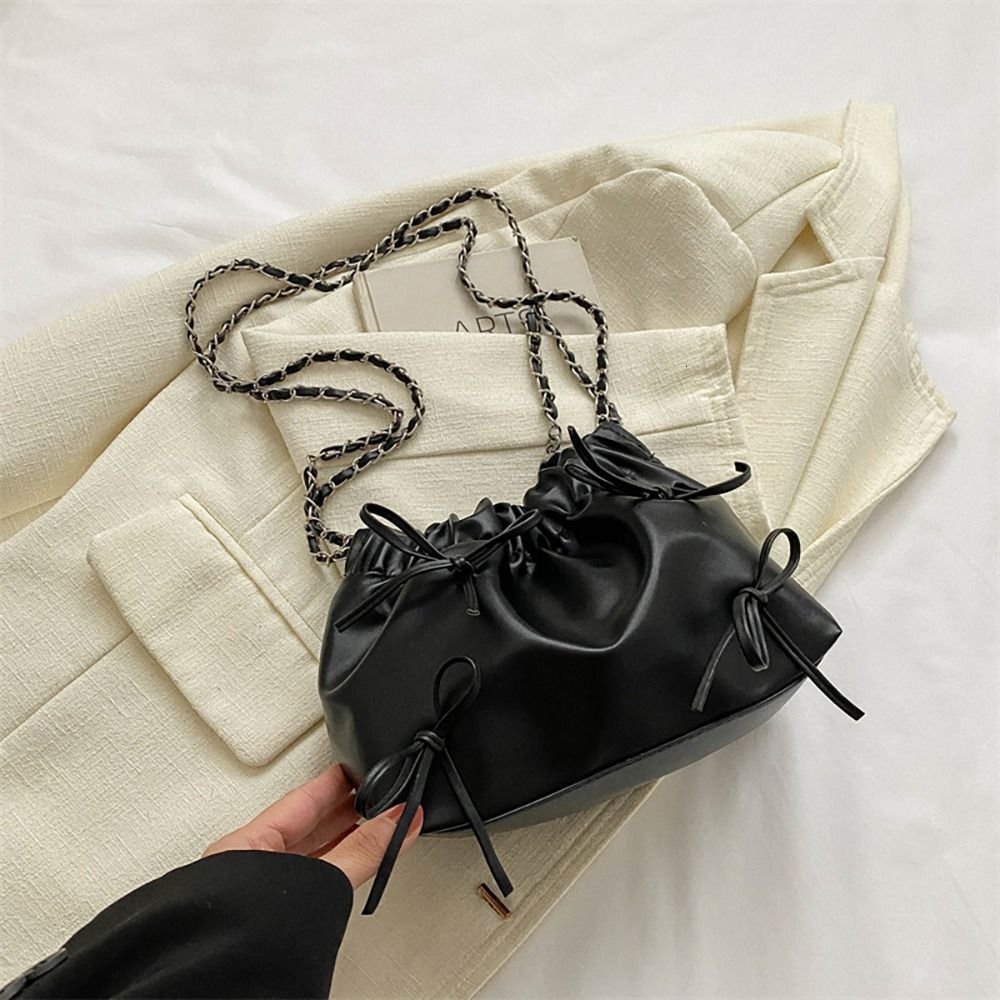 Women's Shoulder One-Sided Design Bucket PU Leather Pleated Bag Casual Plain Handbag