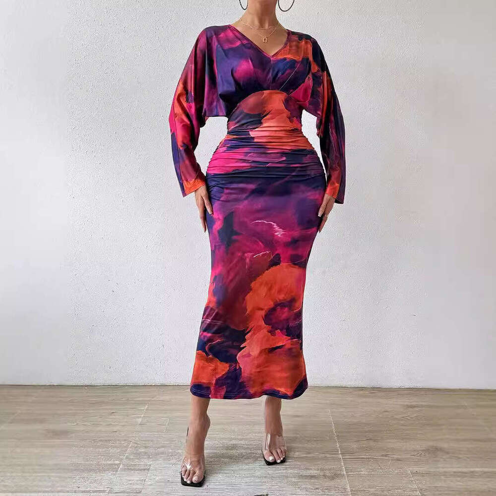 2024 Shein autumn new V-neck pleated women's sexy slim fit batwing sleeve dress