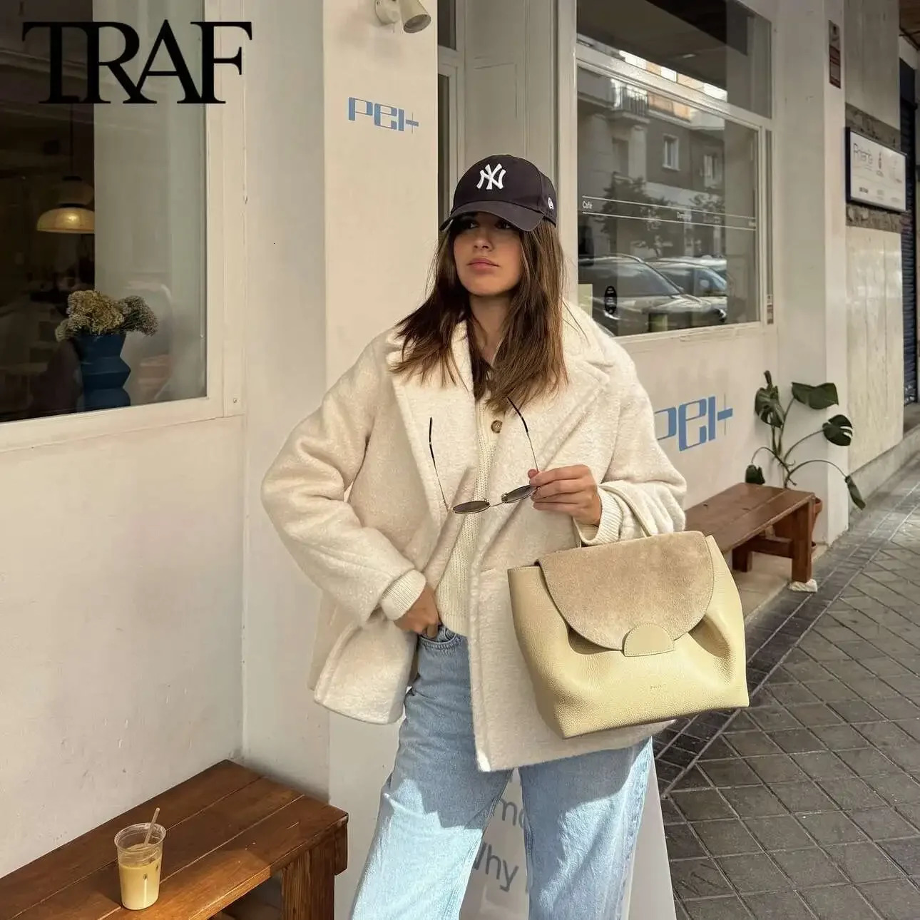 TRAF White Wool Blend Jacket Women Fashion 2024 Autumn Winter Double Breasted Lapel Long Sleeved Warm Short Coats 241121