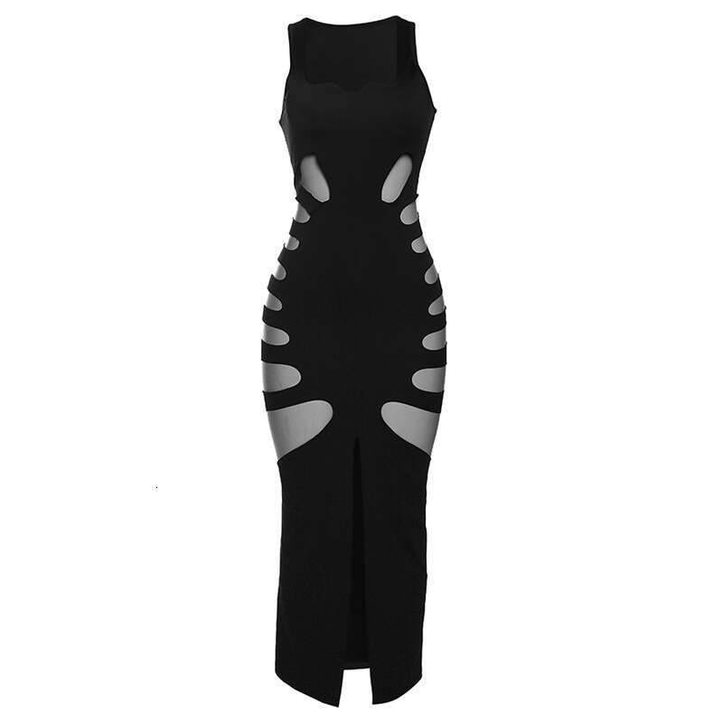 Feng 2023 Spring Women's New Fashion Hollow out Low Neck High Waist Wrap Hip Split Slim Fit Long Dress