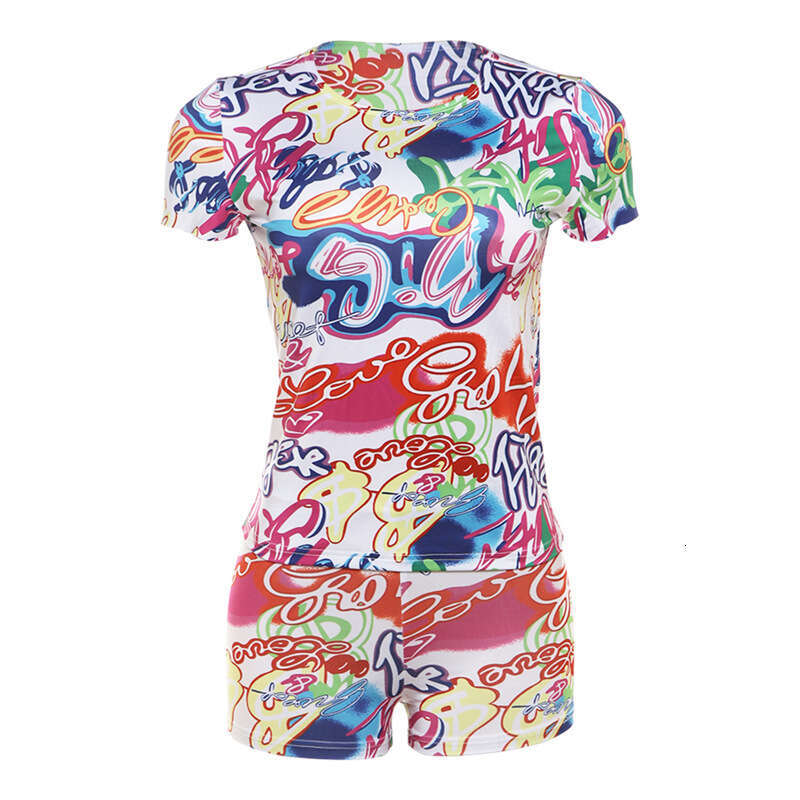 2024 Spring New Fashion Open Umbilical Printed Short Sleeve T-shirt High Waist Tight Shorts Casual Set