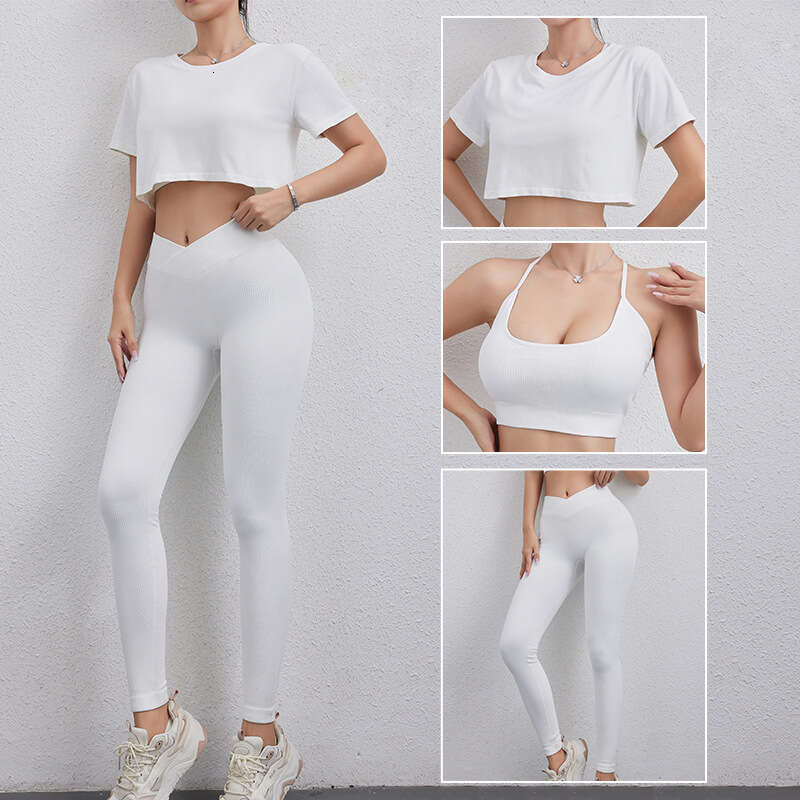 Seamless thread Y bra loose short sleeved pants yoga suit women's professional running sports three piece set