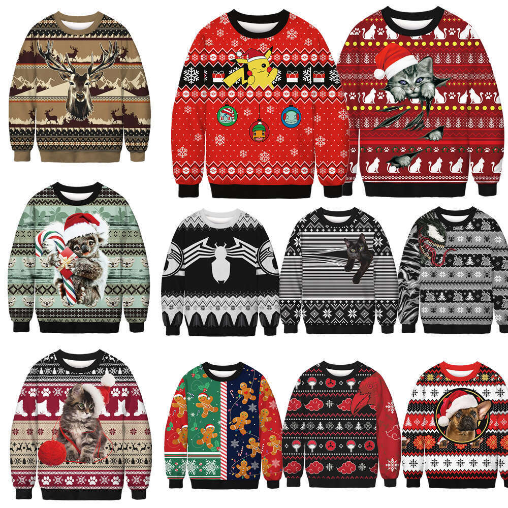 New autumn winter European and American round neck long sleeved 3D digital printed Christmas animal couple hoodie