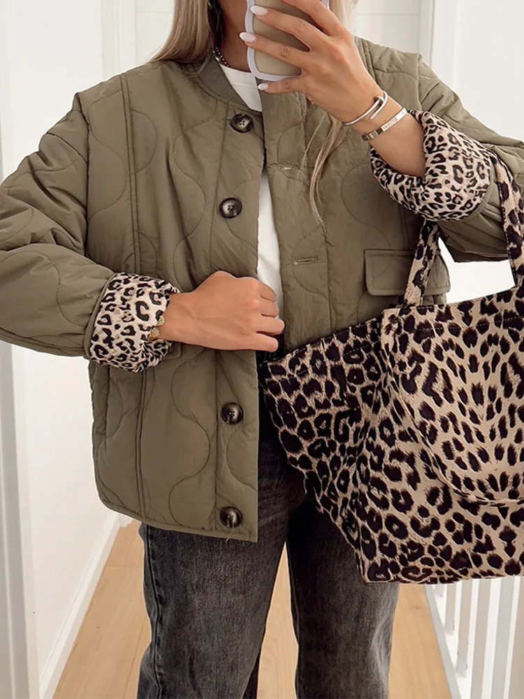 Fashion Lady O Neck Leopard Print Lined Short Jacket Elegant Woman Single Breasted Solid Color Coat 2024 Outerwear 241120