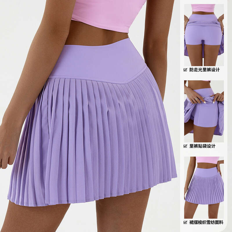 European pleated yoga high waist glare tennis double-layer anti slip solid color badminton golf skirt