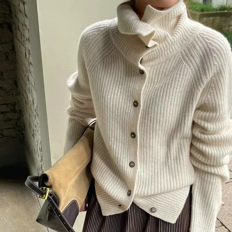 Turtleneck cardigan wool womens 100% pure wool sweater autumn and winter loose thick cashmere bottom sweater knitted jacket 241127