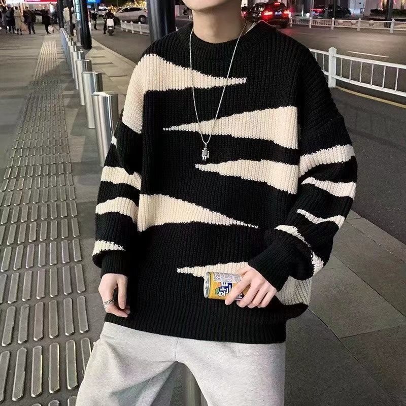 New striped color blocked men's autumn and winter round neck knitted sweater designer winter sweater trend hoodie