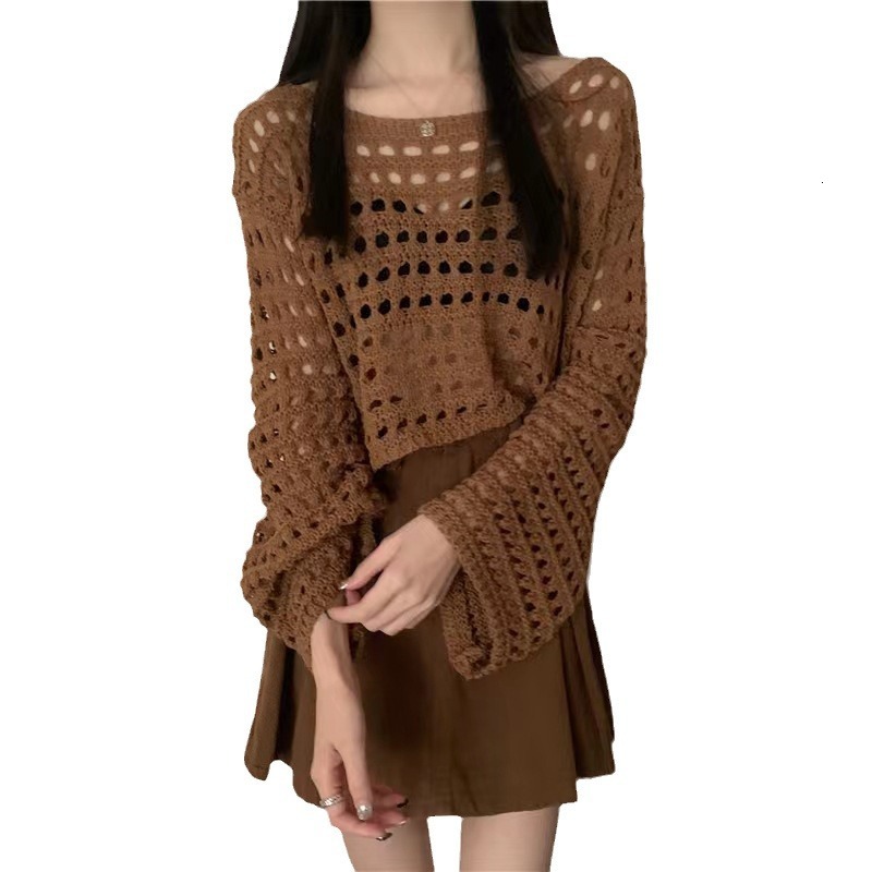 New loose and lazy style solid color top shirt for early autumn, Korean hollow knit designer women's sweater