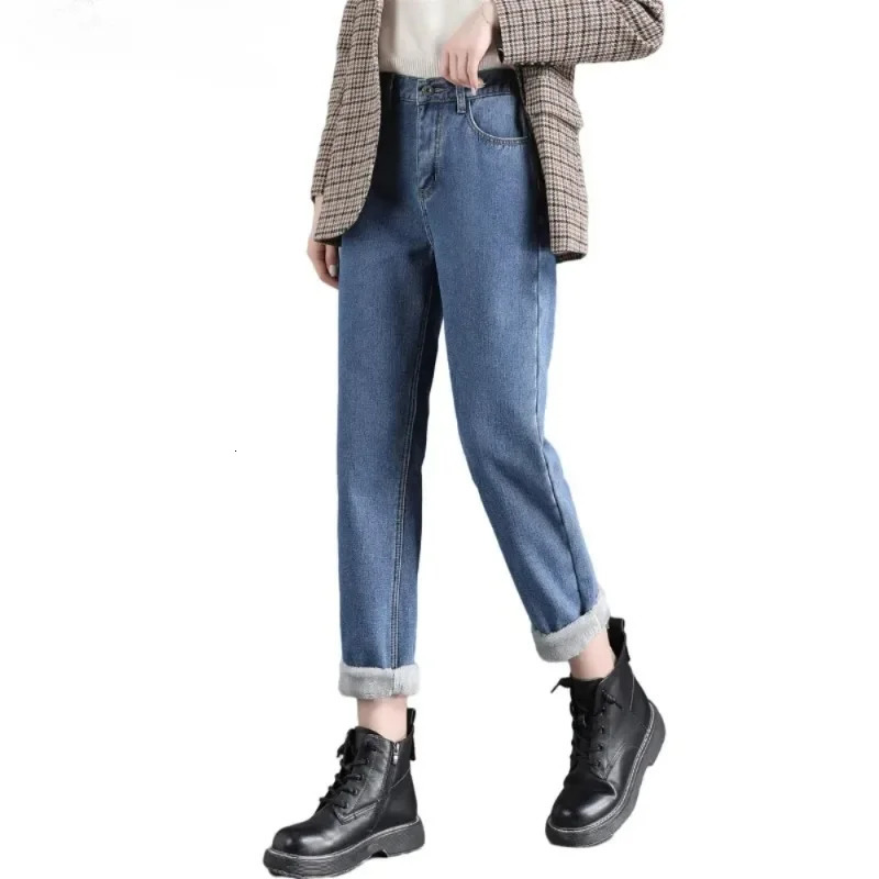 Winter warm slim fit jeans womens casual denim pencil pants thick velvet womens jeans high waist tight straight jeans wool 241122
