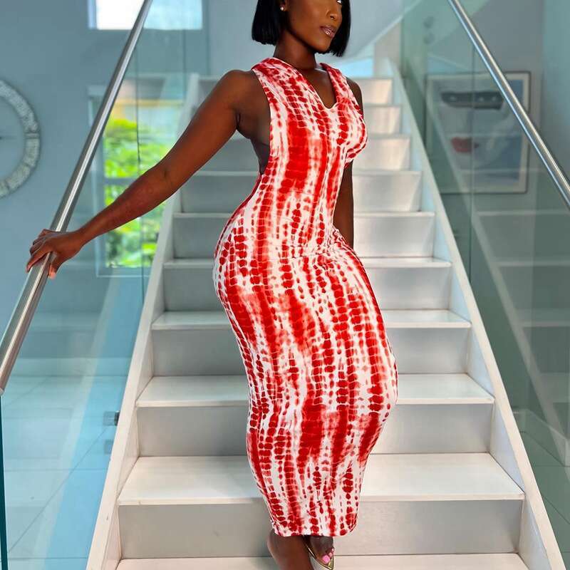 Autumn/Winter Printed Sleeveless Hooded Wrapped Hip Dress Slim Fit Pencil Long Skirt for Women