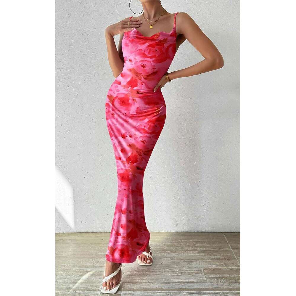 2024 Women's floral thin shoulder strap sleeveless printed suspender dress