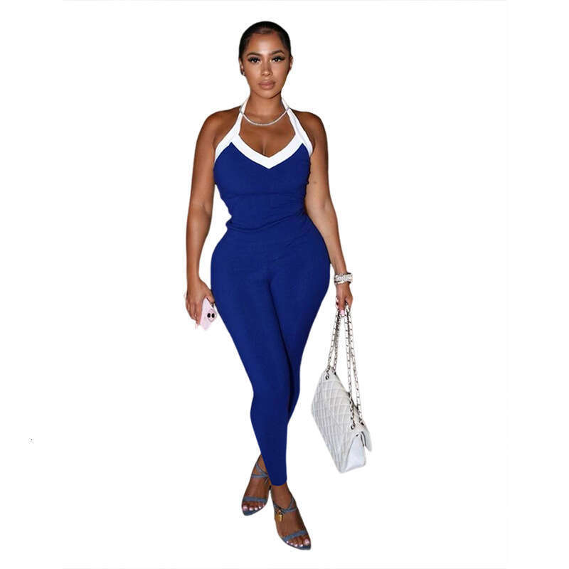 2024 autumn and winter new color blocking slim fit backless hanging neck top, high waist tight pants fashion set