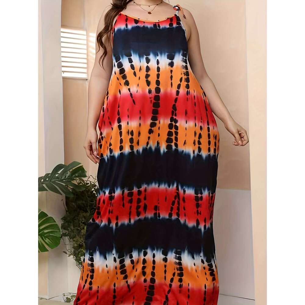 Large tie dye vacation style backless loose spaghetti strap long dress, women's plus size clothing