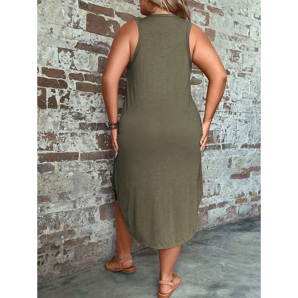 Large solid color curved hem vest skirt, spring and summer casual sleeveless dress, plus size women's clothing