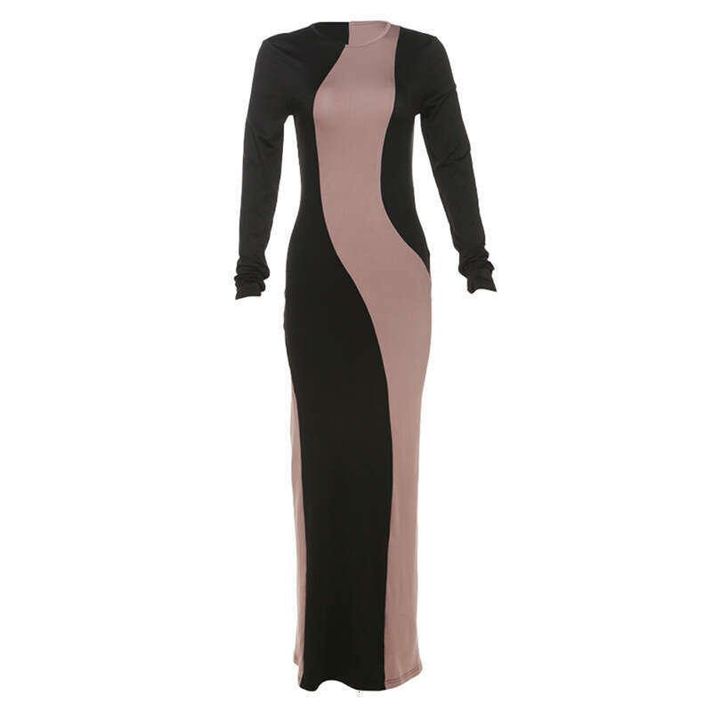Wind 2024 Autumn/Winter New Women's Fashion Color Contrasting Round Neck Long Sleeve Hip Wrapping Style Dress for Women