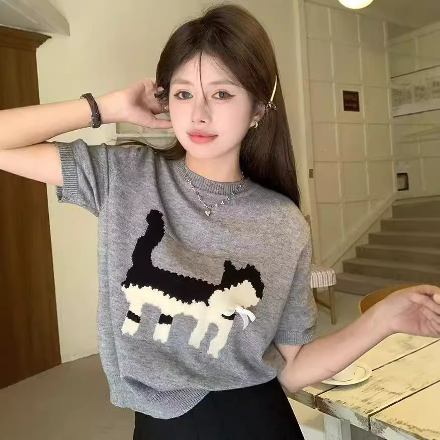 Winter new grey jacquard women's T-shirt loose round neck knitted shirt designer short sleeved top Ins