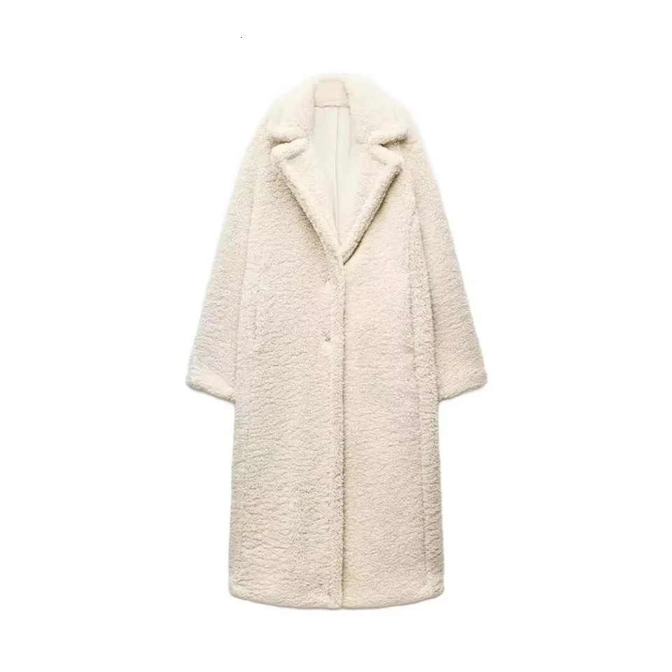 PB ZA2024 Winter Womens Clothing Style Simple and High end Sense Flip Collar Lamb Wool Fleece Thick Long Coat 241121