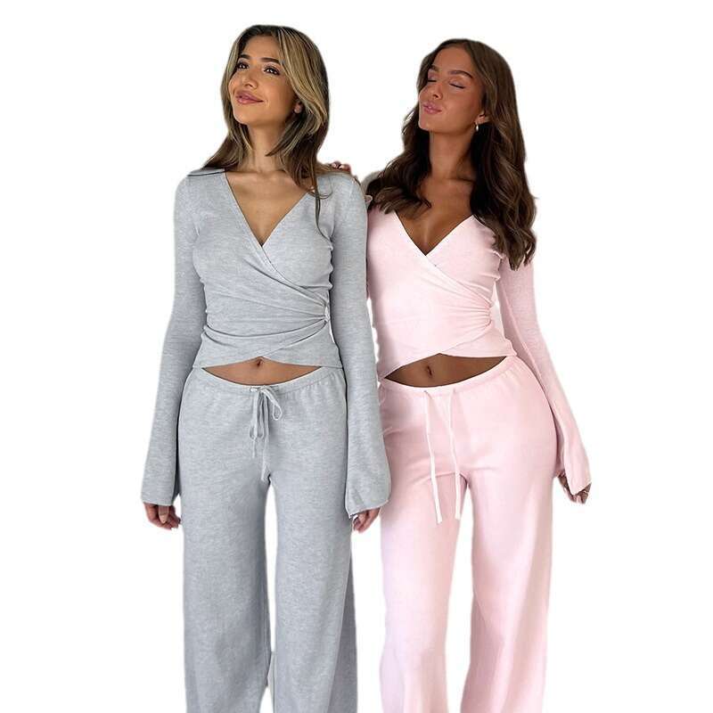 2024 autumn and winter casual lace up flared sleeve top with plush loose pants pajamas two-piece sports suit