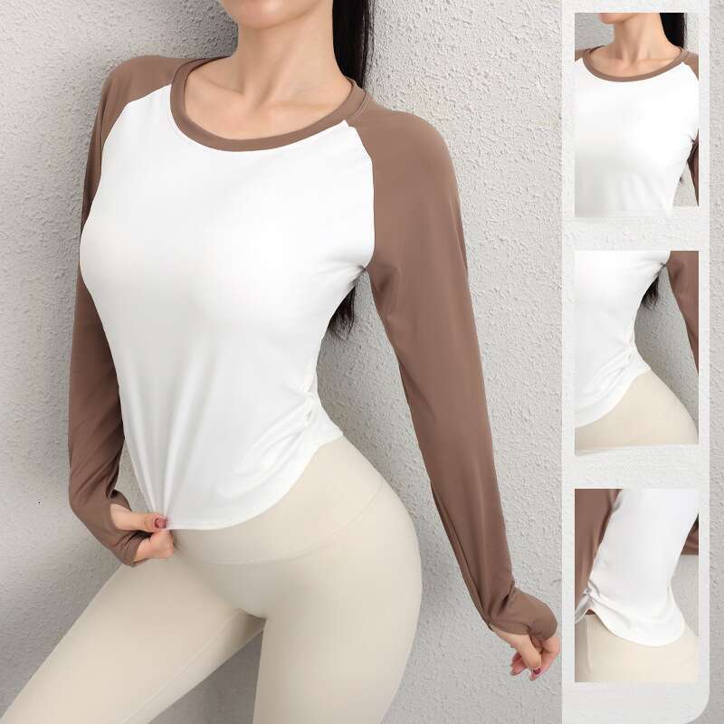 2024 yoga suit patchwork color blocking premium top, quick drying running tight fitting slimming sports top long sleeved