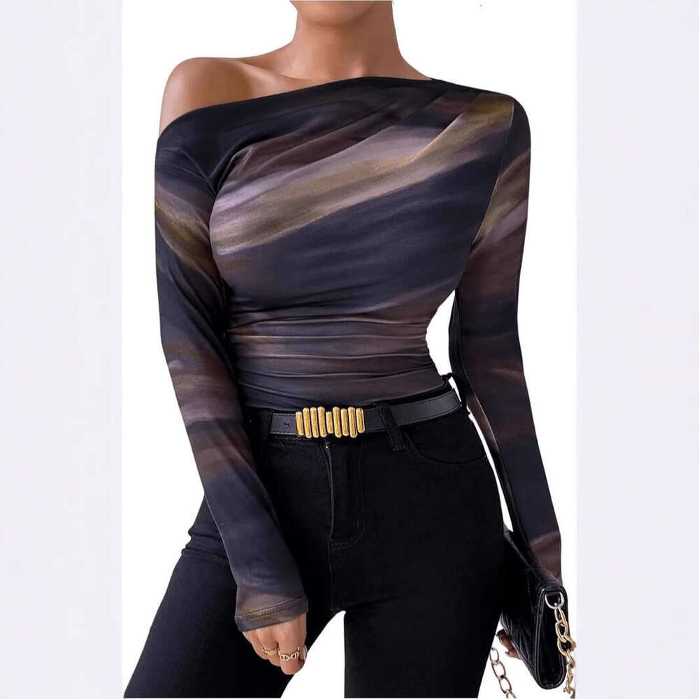 2024 Summer New Fashionable Tie Dyeing Printed Asymmetric Ruffle Edge Long Sleeve T-shirt
