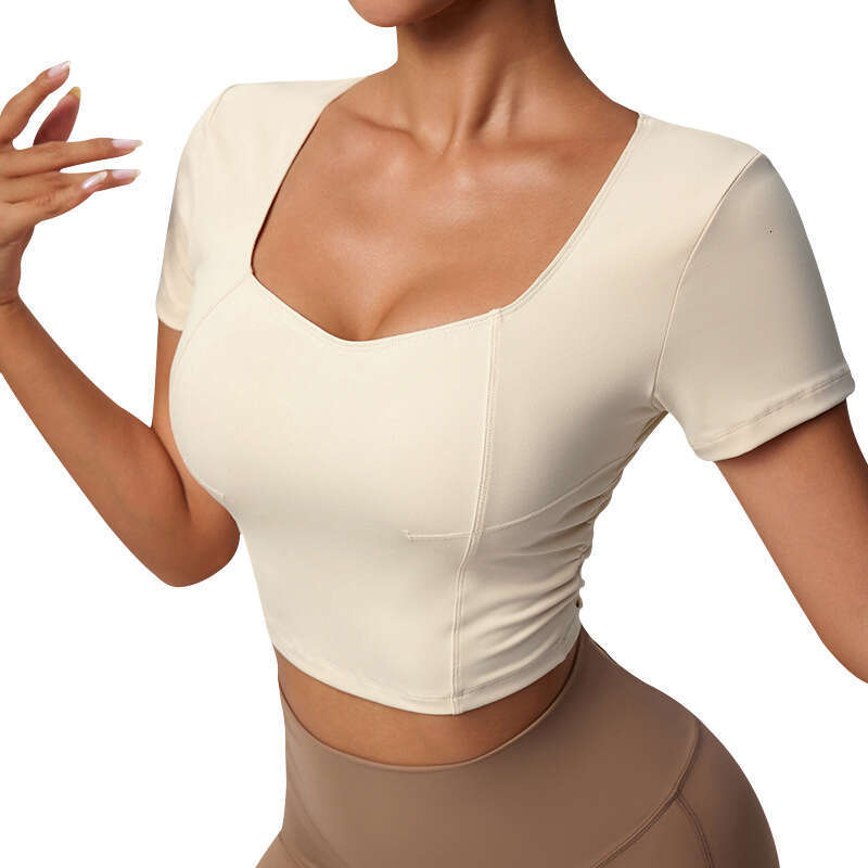 Spring summer solid color tight sports short sleeved women's sexy slim fit and slimming big U-neck running quick drying fiess top