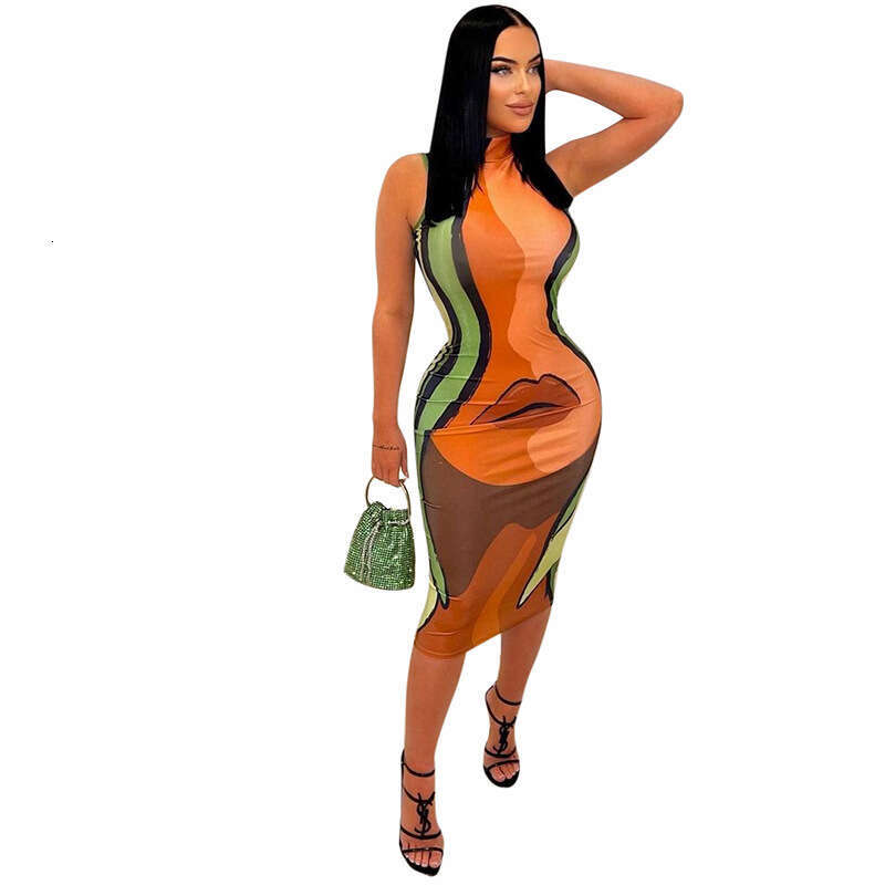 Women's 2024 new casual high neck sleeveless body lip print slim fit dress for women