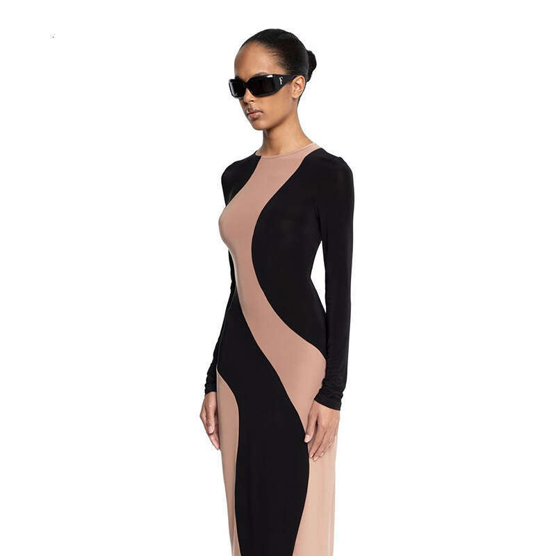 Wind 2024 Autumn/Winter New Women's Fashion Color Contrasting Round Neck Long Sleeve Hip Wrapping Style Dress for Women