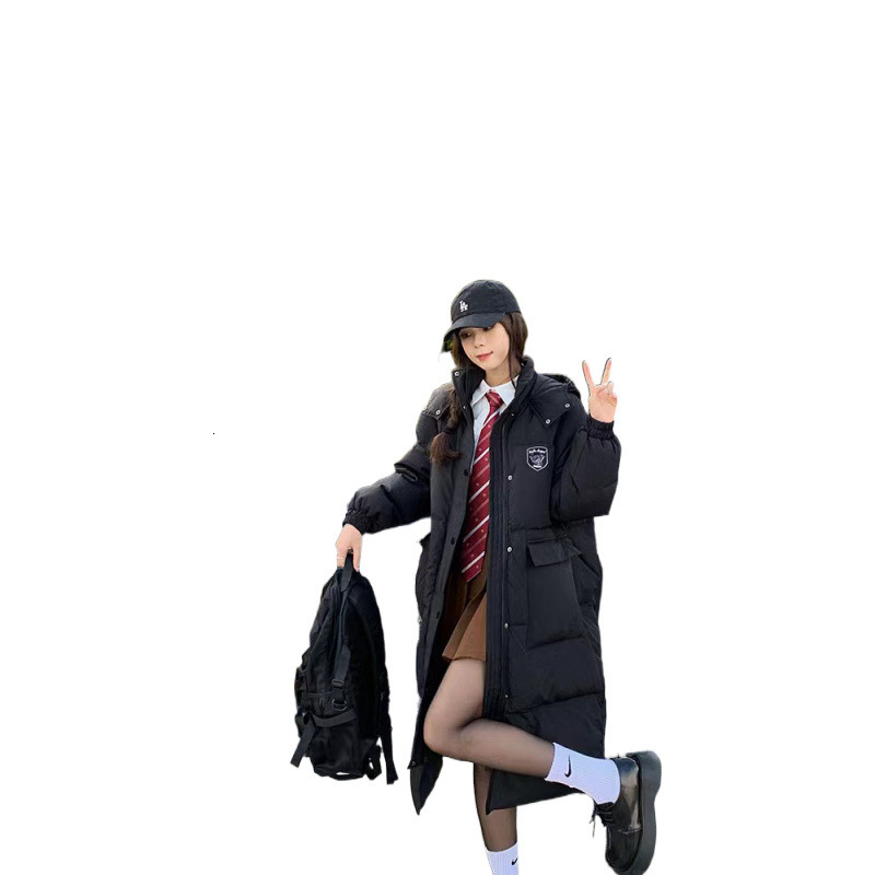Fashion versatile designer winter Korean drama female student black hooded knee high mid length down thickened cotton coat jacket