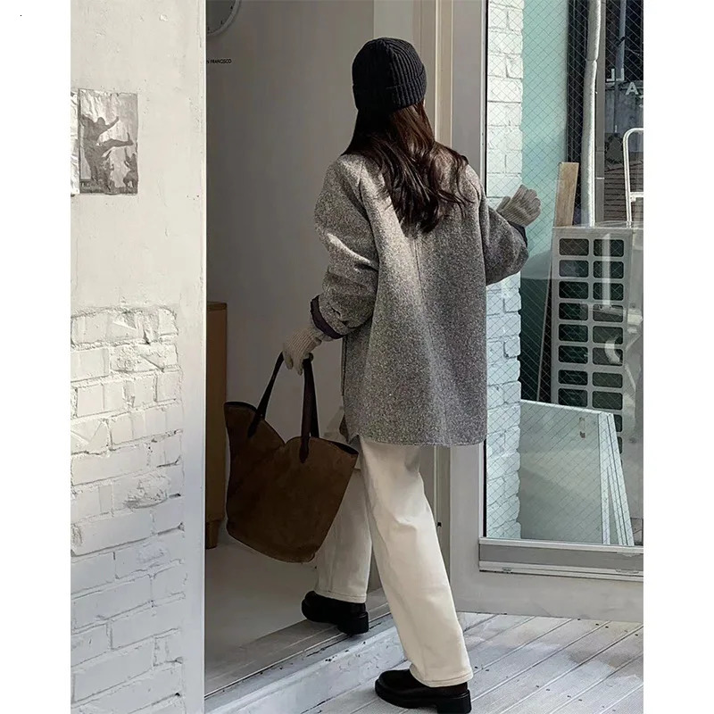 Hazelnut Herringbone Pattern Retro Wool StandUp Collar Medium And Long Small Coat Early Autumn Woolen Women 241121