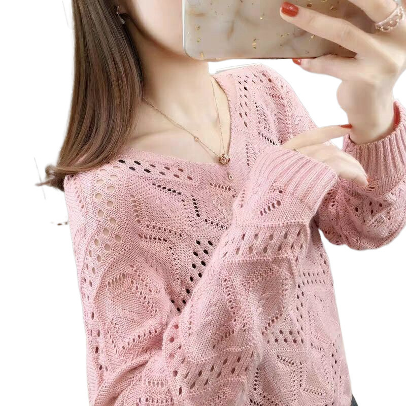 New hollowed out knitted women's new pullover with spring and autumn collar top, loose long sleeved thin designer sweater bottom shirt