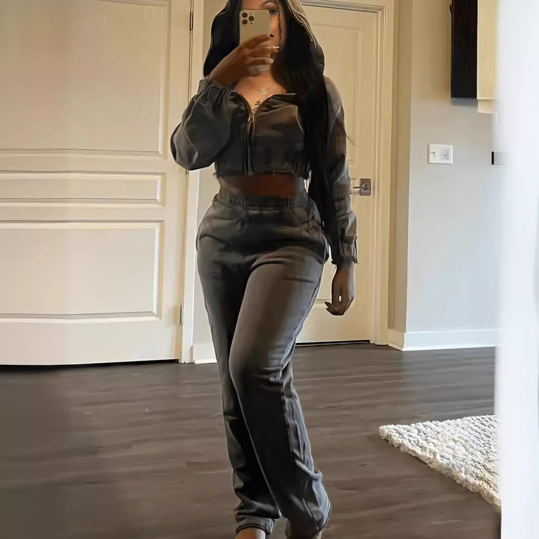 New Fashionable Casual Women's Hoodie Two-Piece With Zipper And Hooded Pants Set