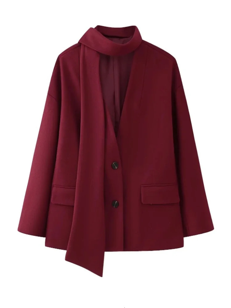 Burgundy Red Woolen Suit Jacket With Scarf Collar Women Chic Oversized Flip Pockets Solid Coats High Street Lady Streetwear 241121