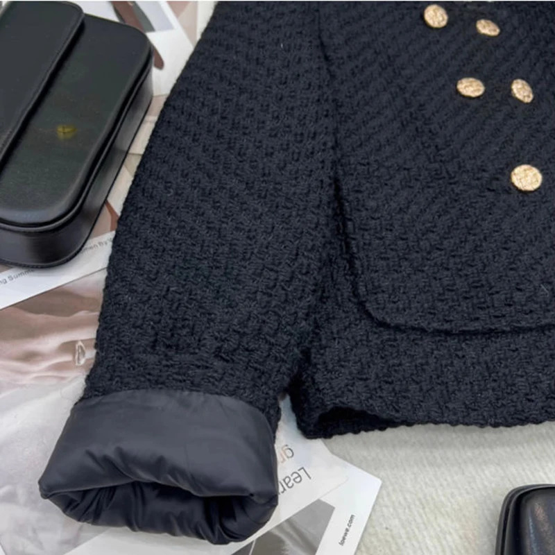 Black Down Cotton Jacket Womens Autumn Winter Doublebreasted Elegant Casual Short Chic Top Coat ONeck Tweed Warm Outwear Lady 241125