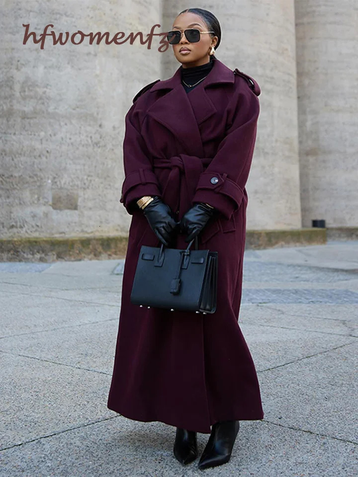 Elegant Burgundy Oversize Lapel Overcoat Women With Belt Wool Blend Double Breasted Long Sleeve Coat 2024 Autumn Commute Outwear 241121
