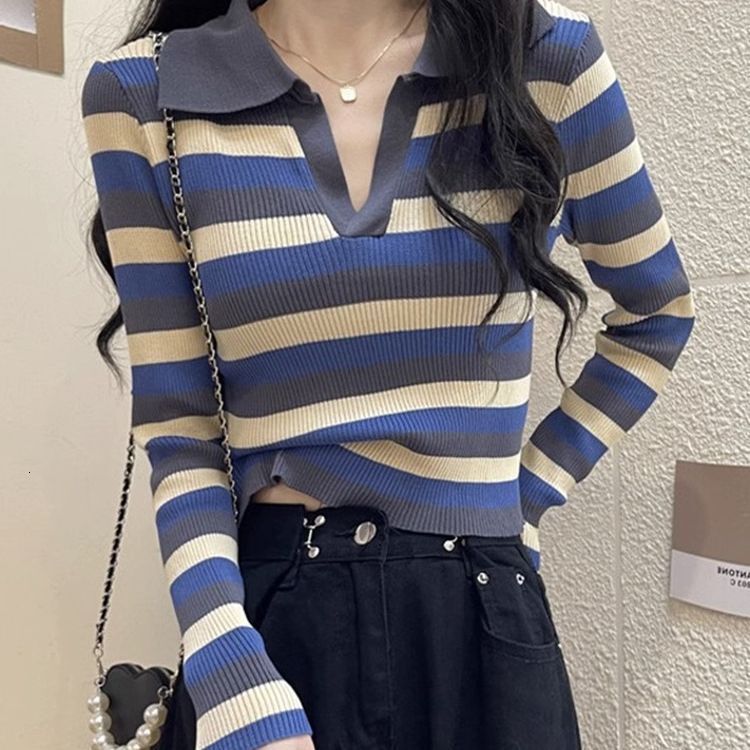 Winter Internet celebrity new stripe lapel long sleeve T-shirt knitted sweater designer women's fashionable chic top