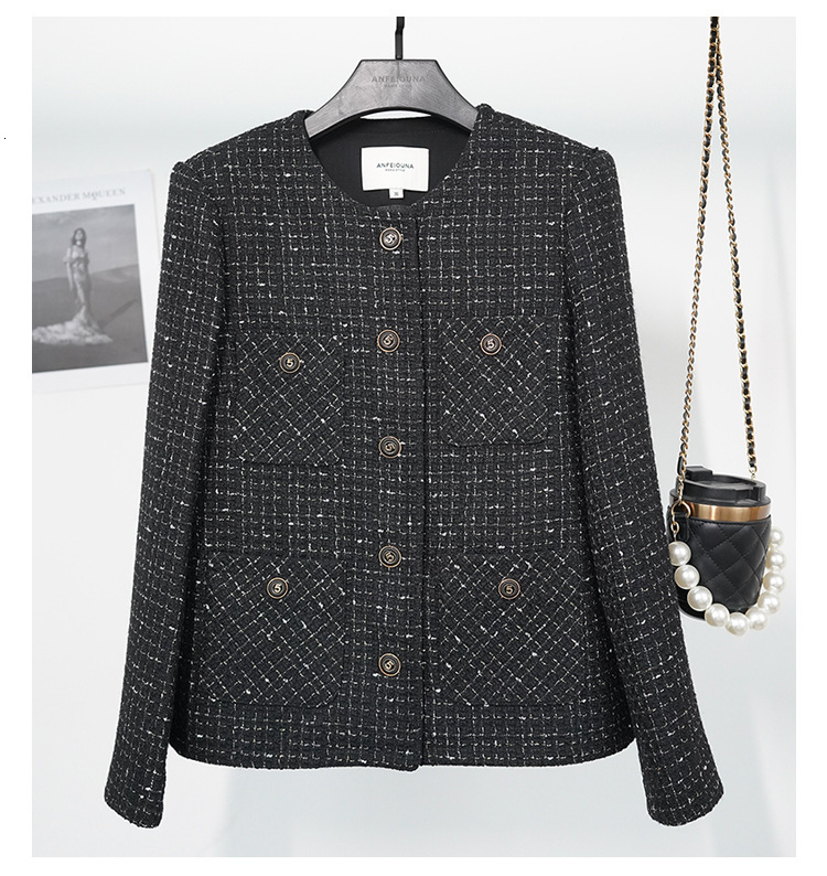 French Small Fragrant Wool Coat For Women, Coarse Plaid Tweed Black Jacket, Shiny Silk, Round Neck, High Quality, New