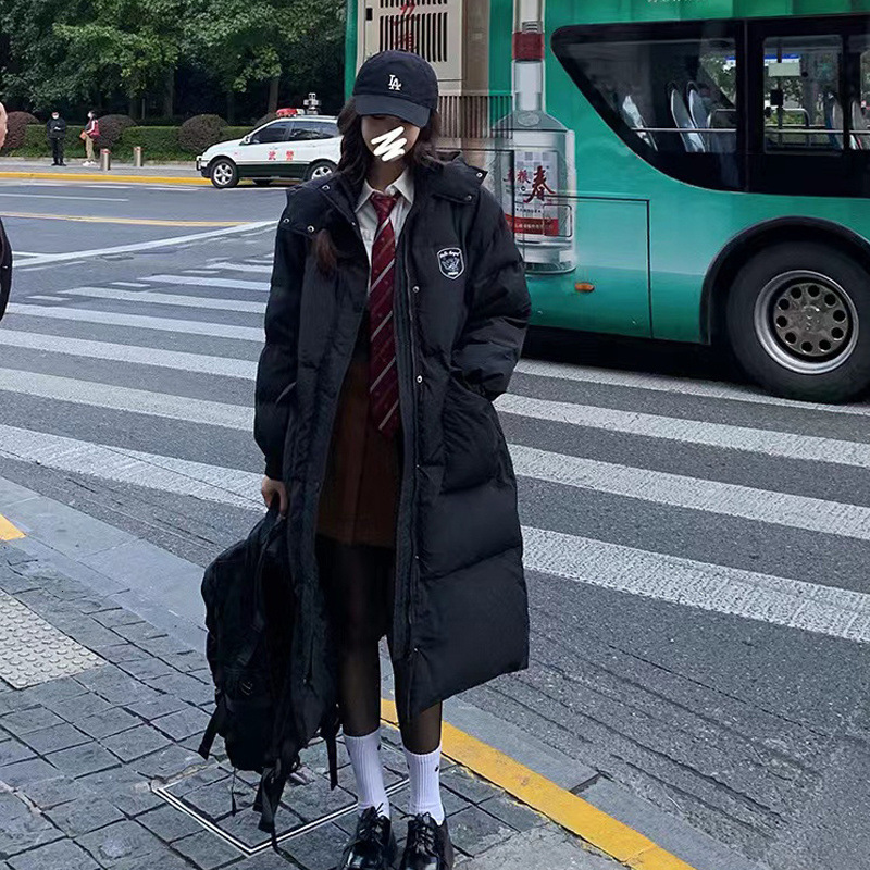 Fashion versatile designer winter Korean drama female student black hooded knee high mid length down thickened cotton coat jacket
