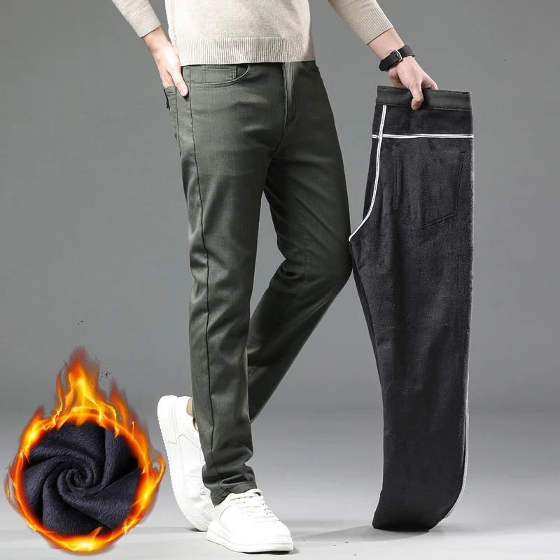 2024 Winter Fleece Casual Pants Mens Straight Slim Thick Warm Male Business Fashion Elastic Comfort Velvet Trousers 241120