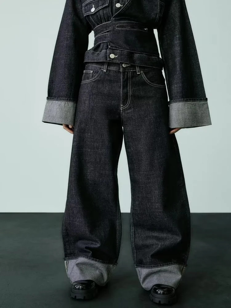 TRAF Womens High Waist Jeans Ultra Thin High Waist Trailer Trouser Rolling Loose Jeans Fashionable Casual Wide Leg Jeans 241122