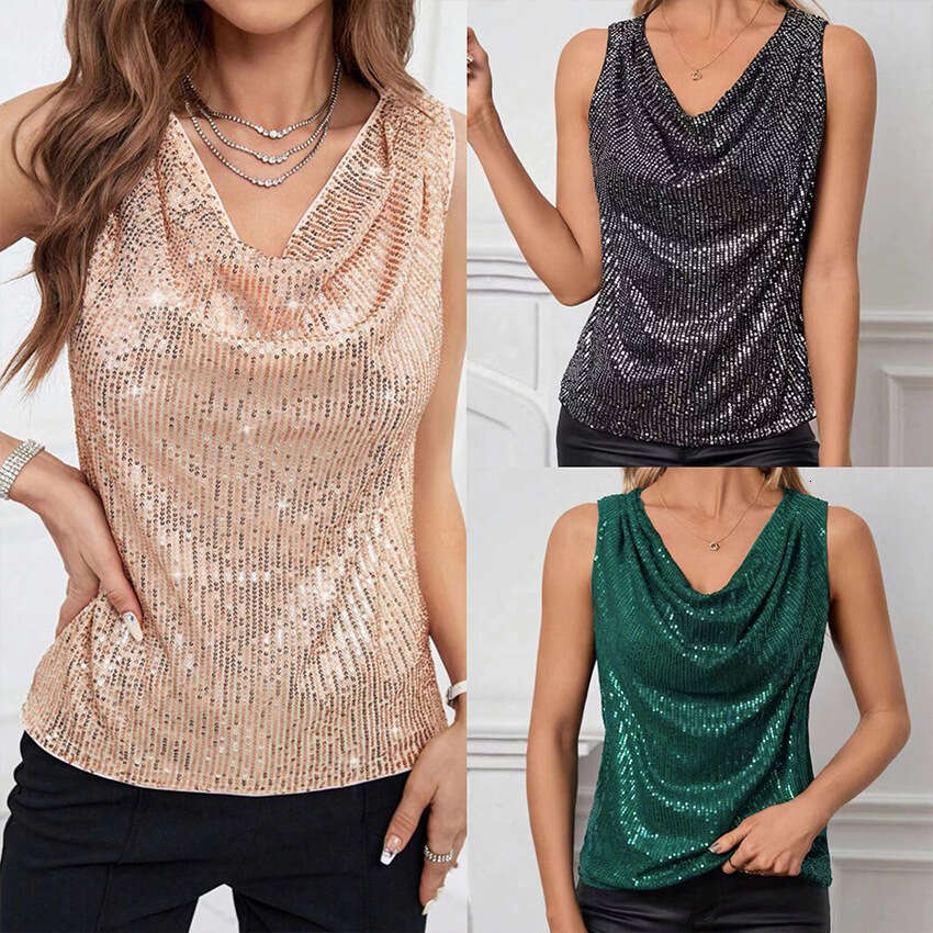 New sexy V-neck strapless fashion sequin loose short pullover women's vest